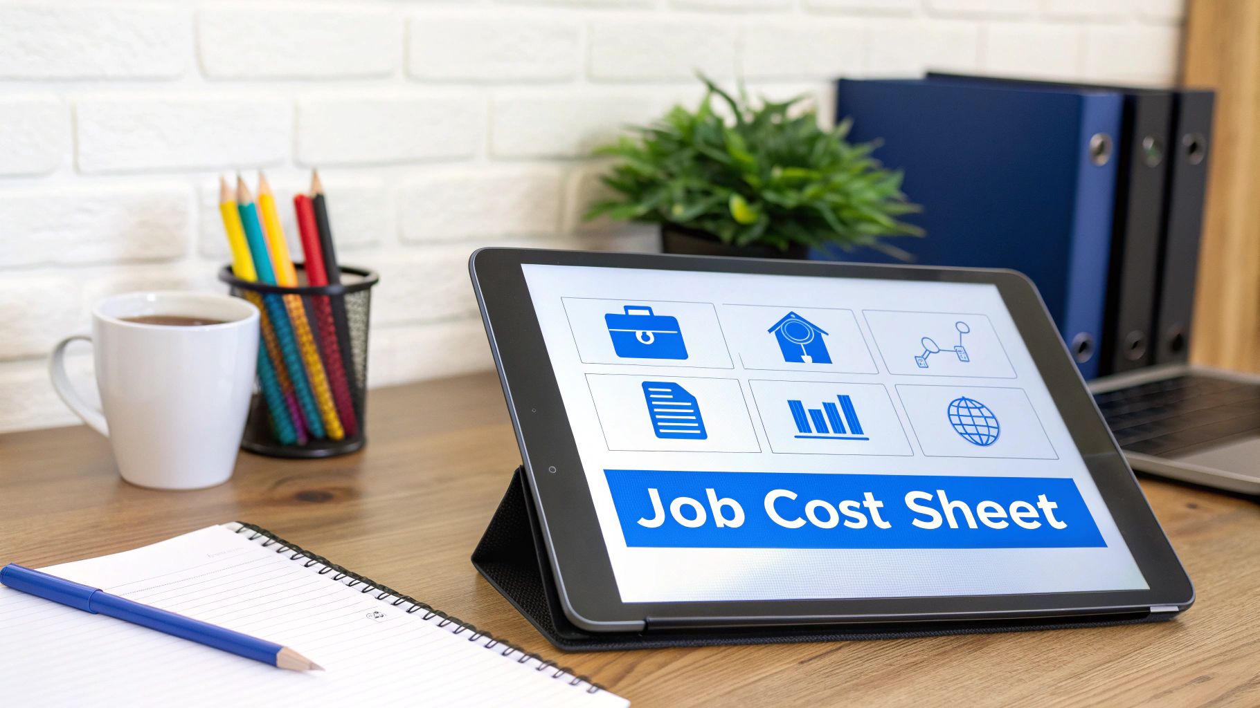 Tablet on a wooden desk displays a 'Job Cost Sheet' application with various business-related icons.