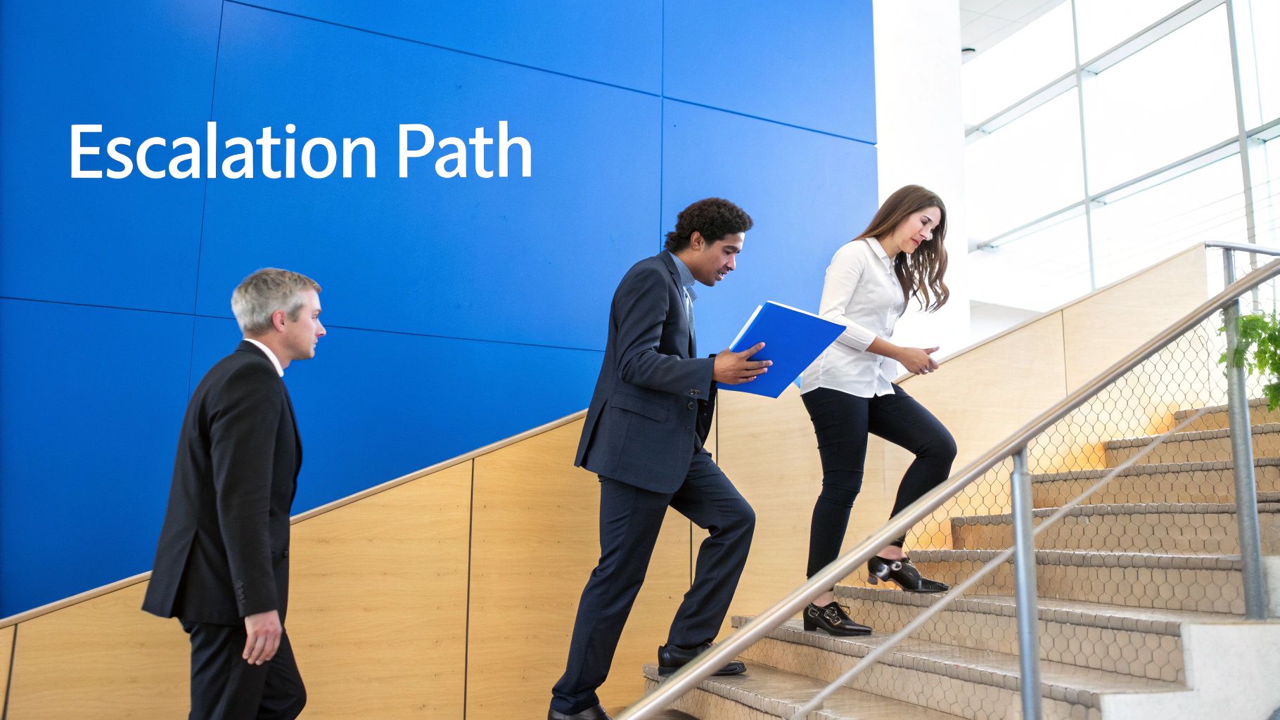 Three business people ascend stairs with documents, "Escalation Path" on a blue wall.