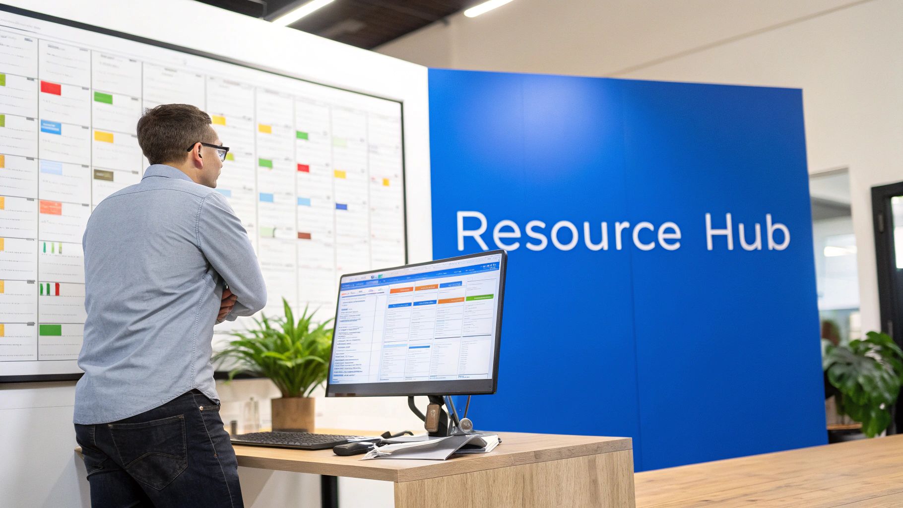 A man reviews a large resource planning board and a computer with resource management software in an office.