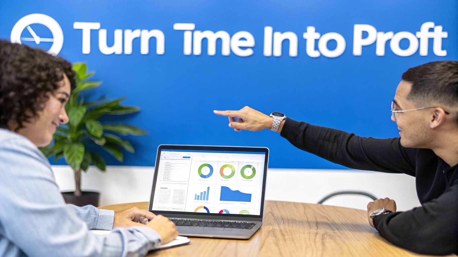 Two professionals review business data on a laptop, with one pointing at the screen, promoting 'Turn Time Into Profit'.