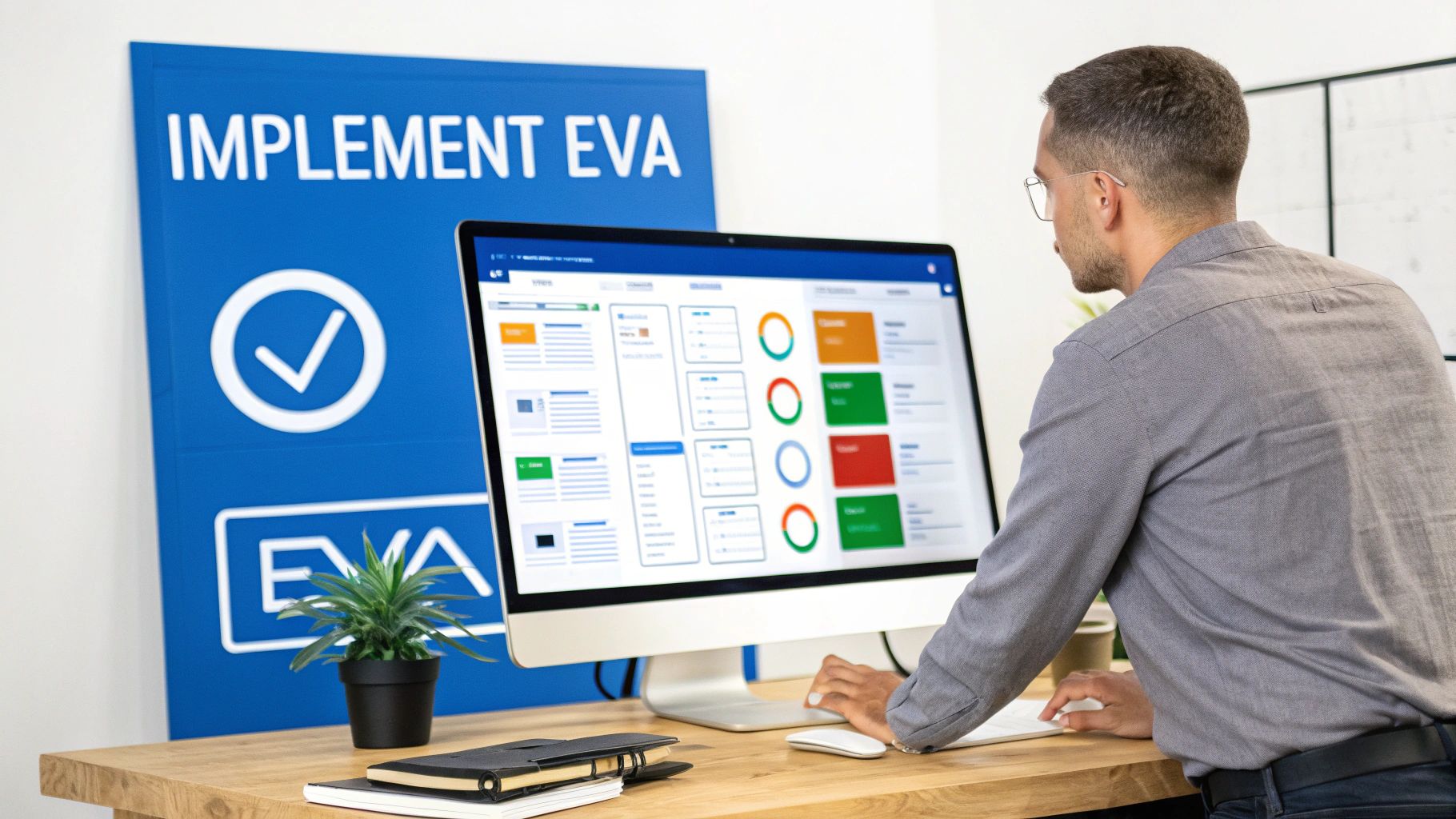 A man works on a computer displaying an analytical dashboard, with an 'IMPLEMENT EVA' sign in the background.