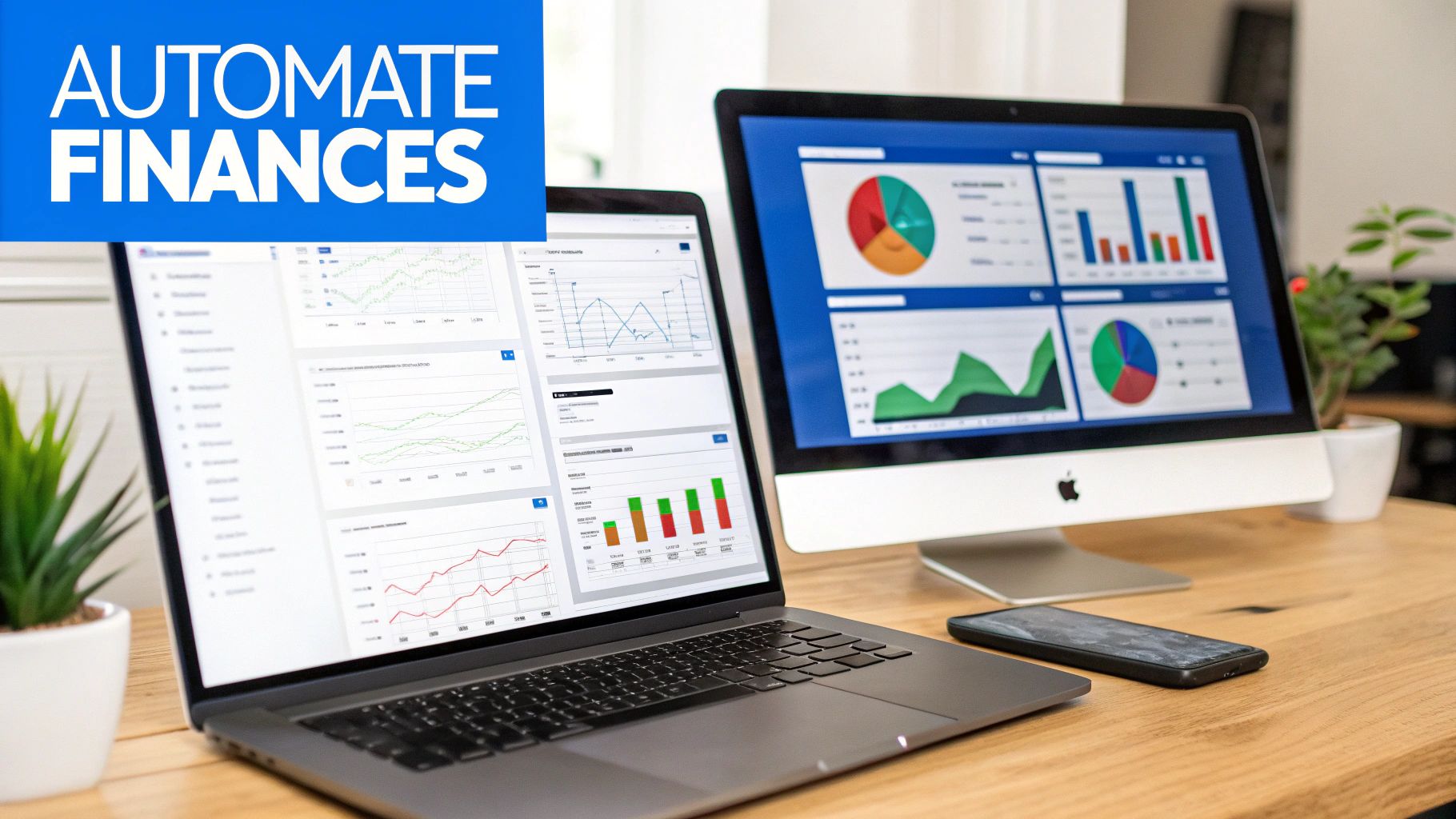 A laptop and desktop monitor display financial graphs and charts on a wooden desk.