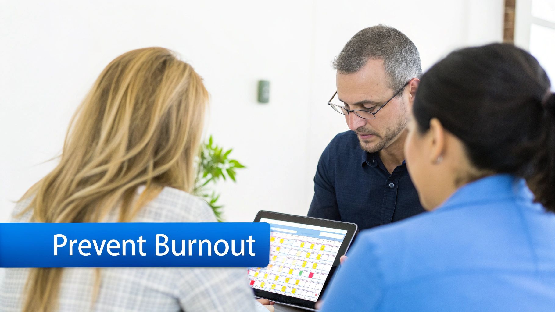 Three people discussing a schedule on a tablet, with a 'Prevent Burnout' banner.