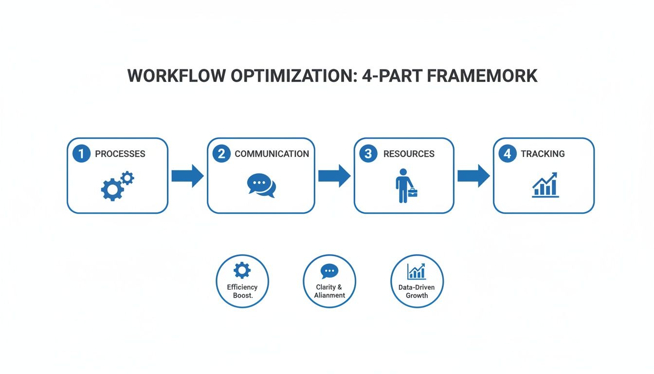 A four-part workflow optimization framework showing processes, communication, resources, and tracking for efficiency and growth.