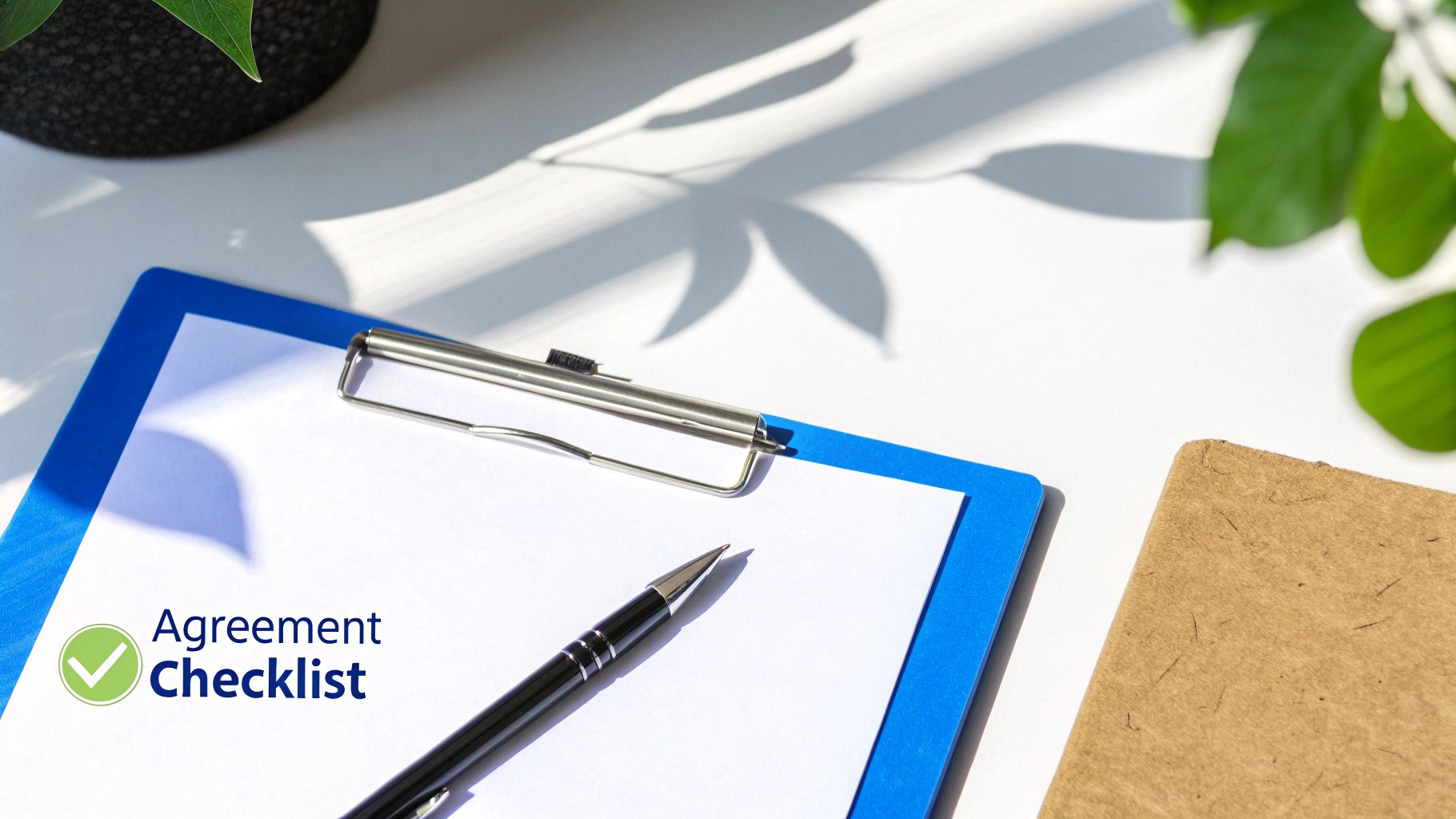 A blue clipboard with a blank white paper and a pen, displaying 'Agreement Checklist' with a checkmark icon.