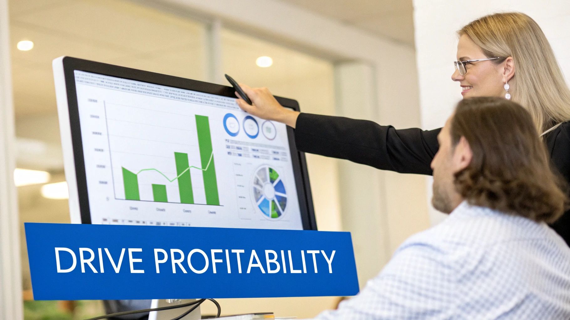 A smiling businesswoman points to financial data and graphs on a computer monitor while a colleague watches, symbolizing profitability.
