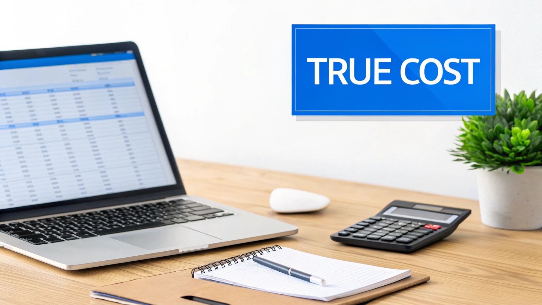 A desk with a laptop, calculator, notepad, and a blue sign displaying 'TRUE COST', symbolizing financial analysis.