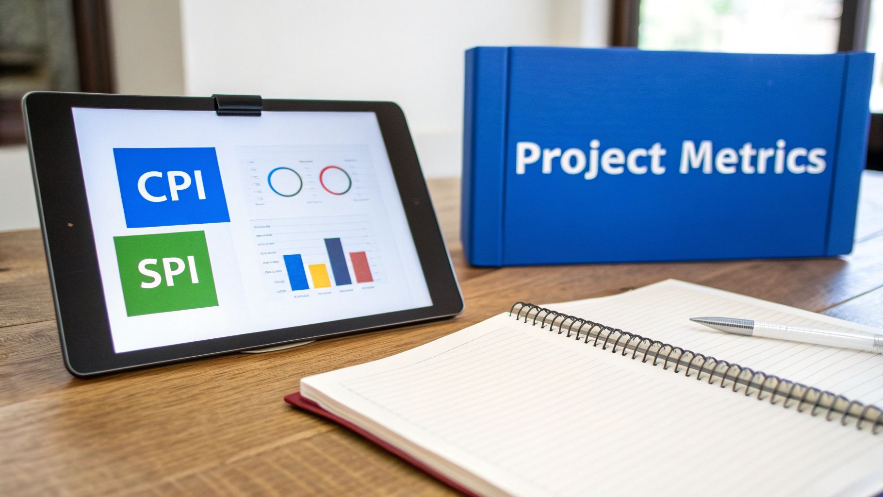A tablet displays CPI and SPI project metrics, alongside a blue box labeled 'Project Metrics' and a notebook.