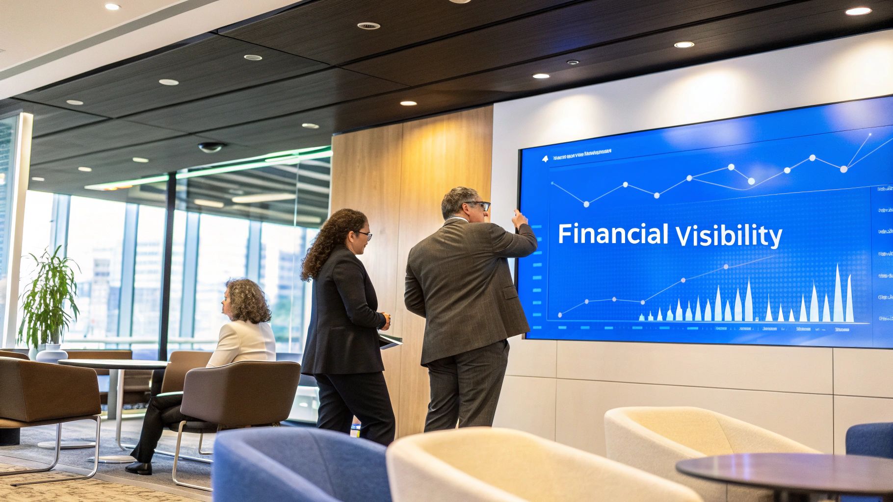 A team collaborating around a dashboard showing project finances
