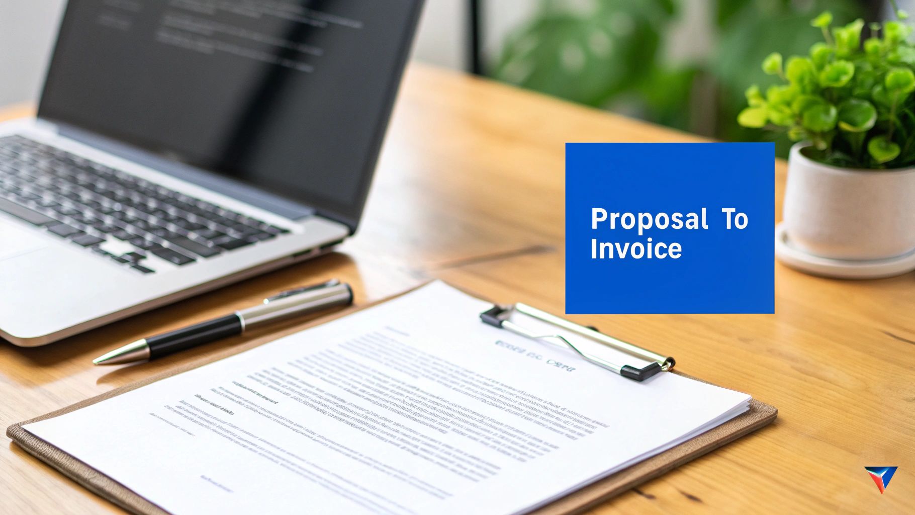 A desk setup with a laptop, a document on a clipboard, a pen, and a plant, with 'Proposal To Invoice' text.
