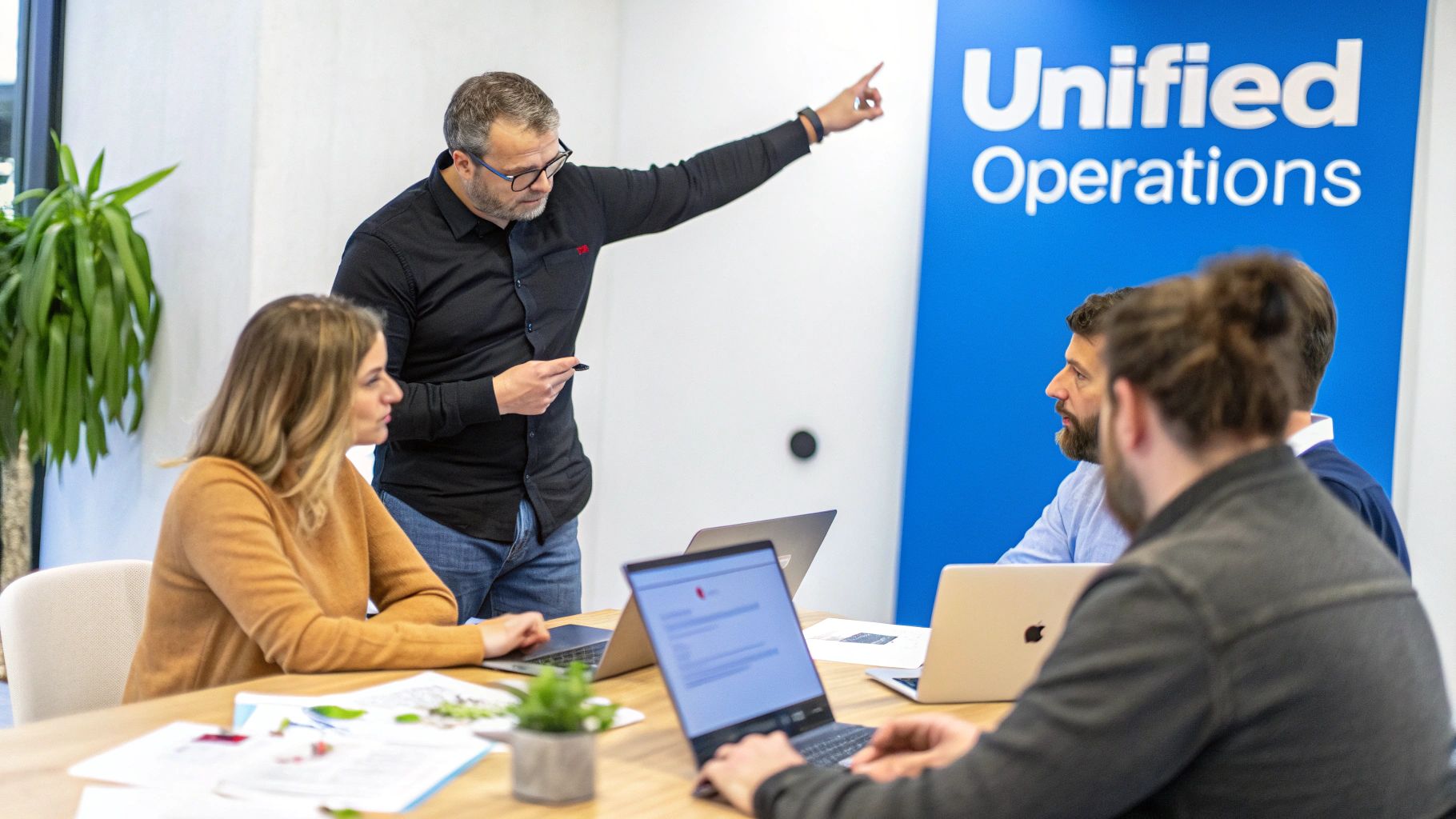 A team collaborating around a desk with laptops and documents, representing a professional services environment.