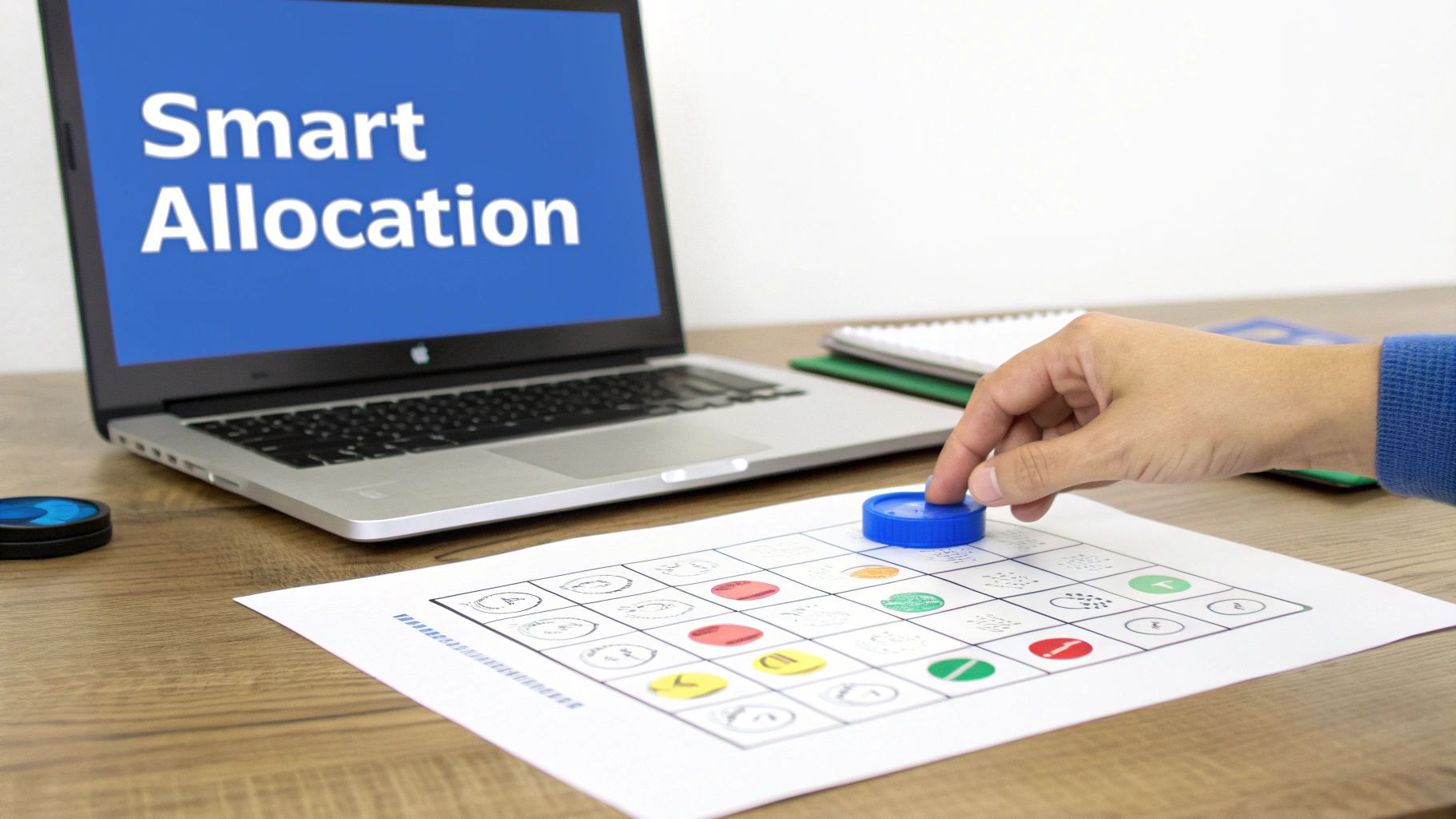 A hand interacts with a strategic allocation board game next to a laptop displaying 'Smart Allocation'.