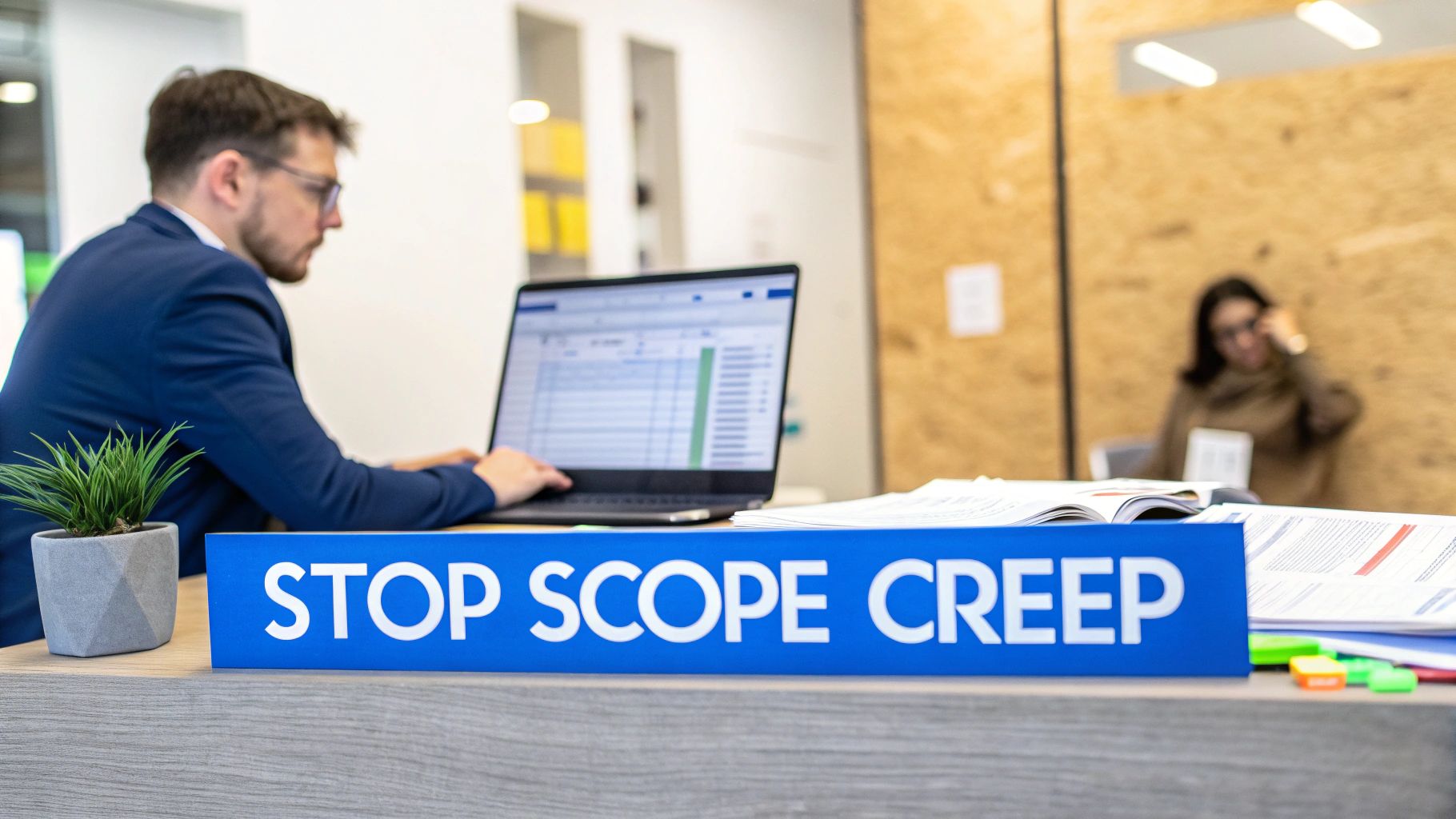 A man in a suit works on a laptop in an office, with a prominent 'STOP SCOPE CREEP' sign.