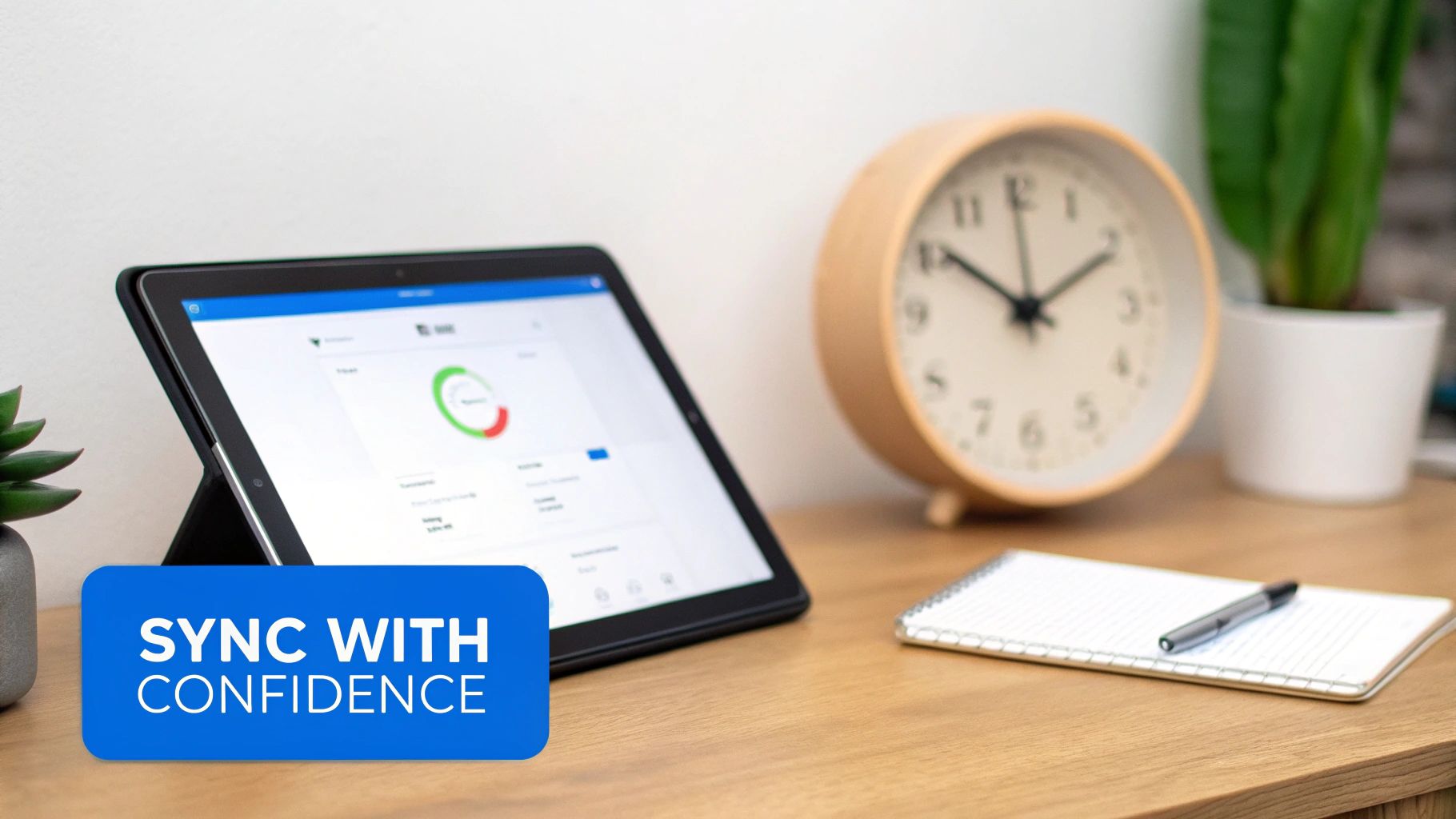 A modern workspace setup with a tablet displaying a dashboard, a clock, and office supplies on a wooden desk.