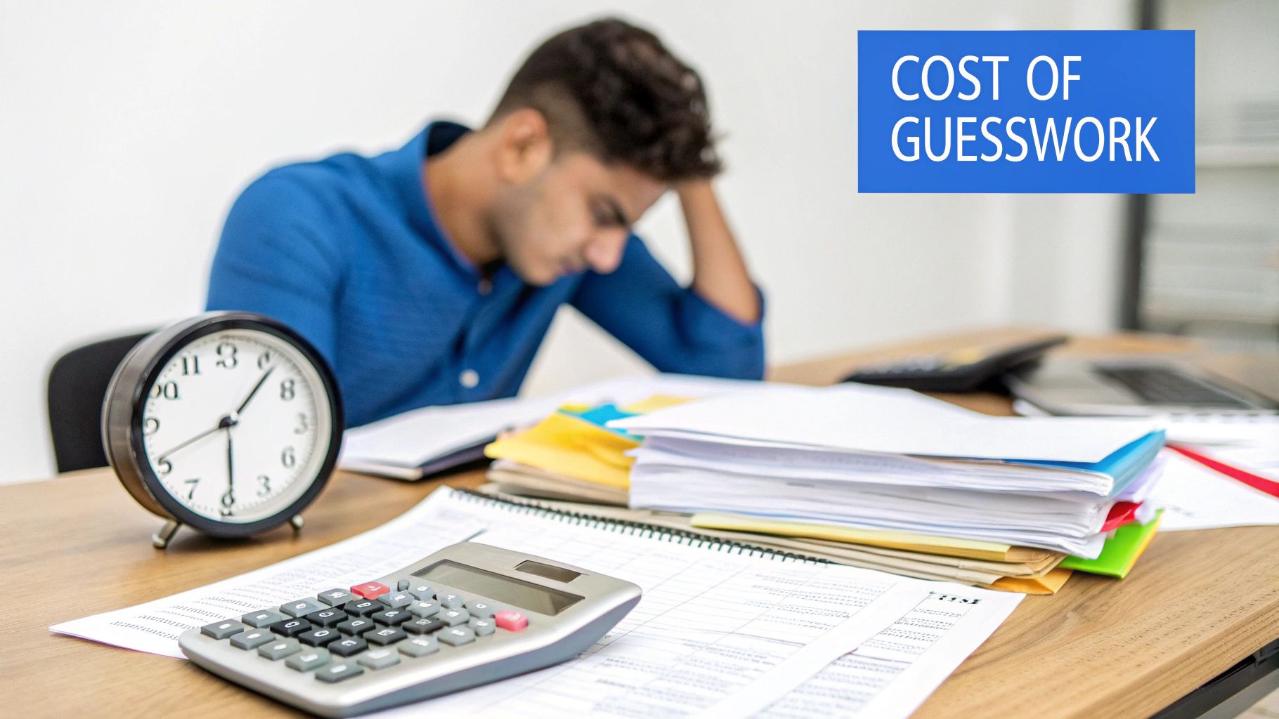 Stressed man at a messy desk with a calculator, clock, and papers, illustrating the cost of guesswork.