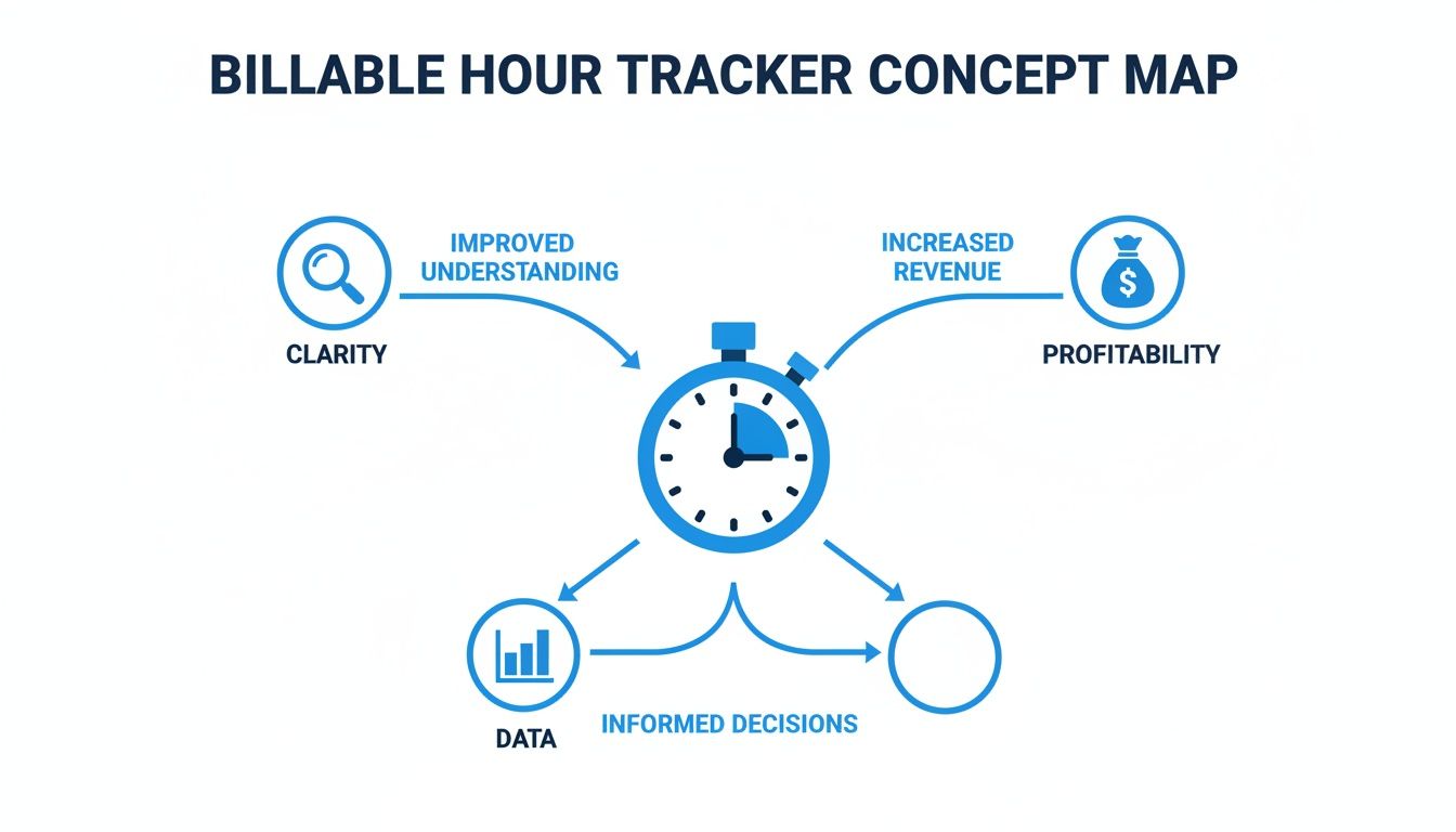 Concept map showing a billable hour tracker's benefits: clarity, profitability, data, and informed decisions.