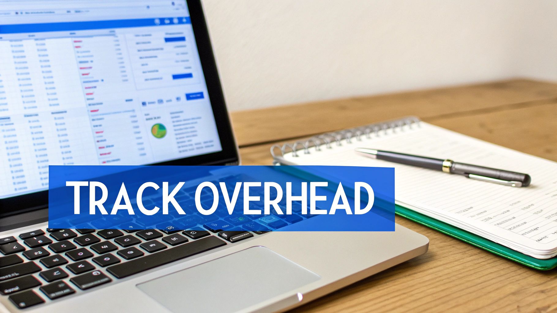 Laptop screen shows financial data with 'TRACK OVERHEAD' text, next to a notebook and pen on a wooden desk.
