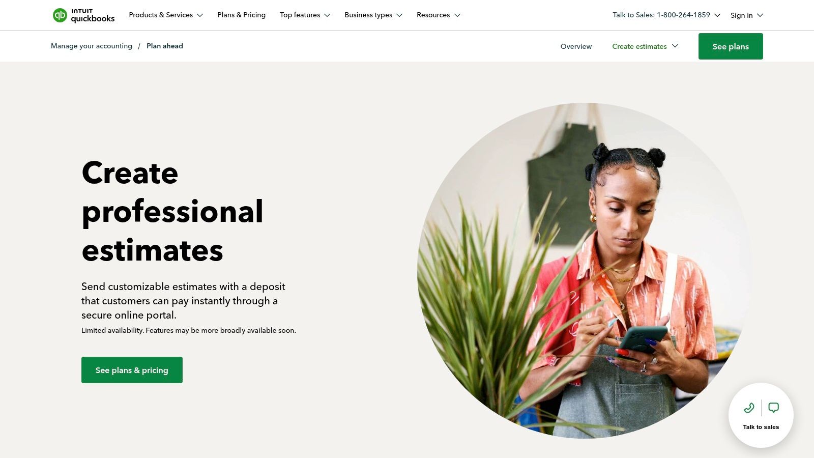 A screenshot of the QuickBooks estimate creation screen, showing fields for customer information, product/service line items, and options to customize the design and branding.