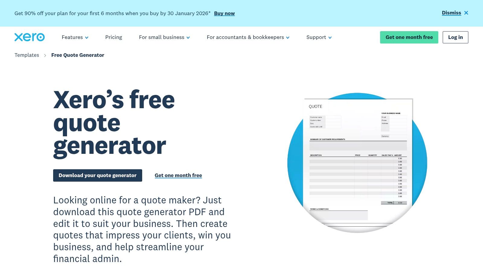 A screenshot of Xero's quote template, showing a clear layout with sections for business and client details, a description of services, a pricing table with automated calculations, and terms and conditions.