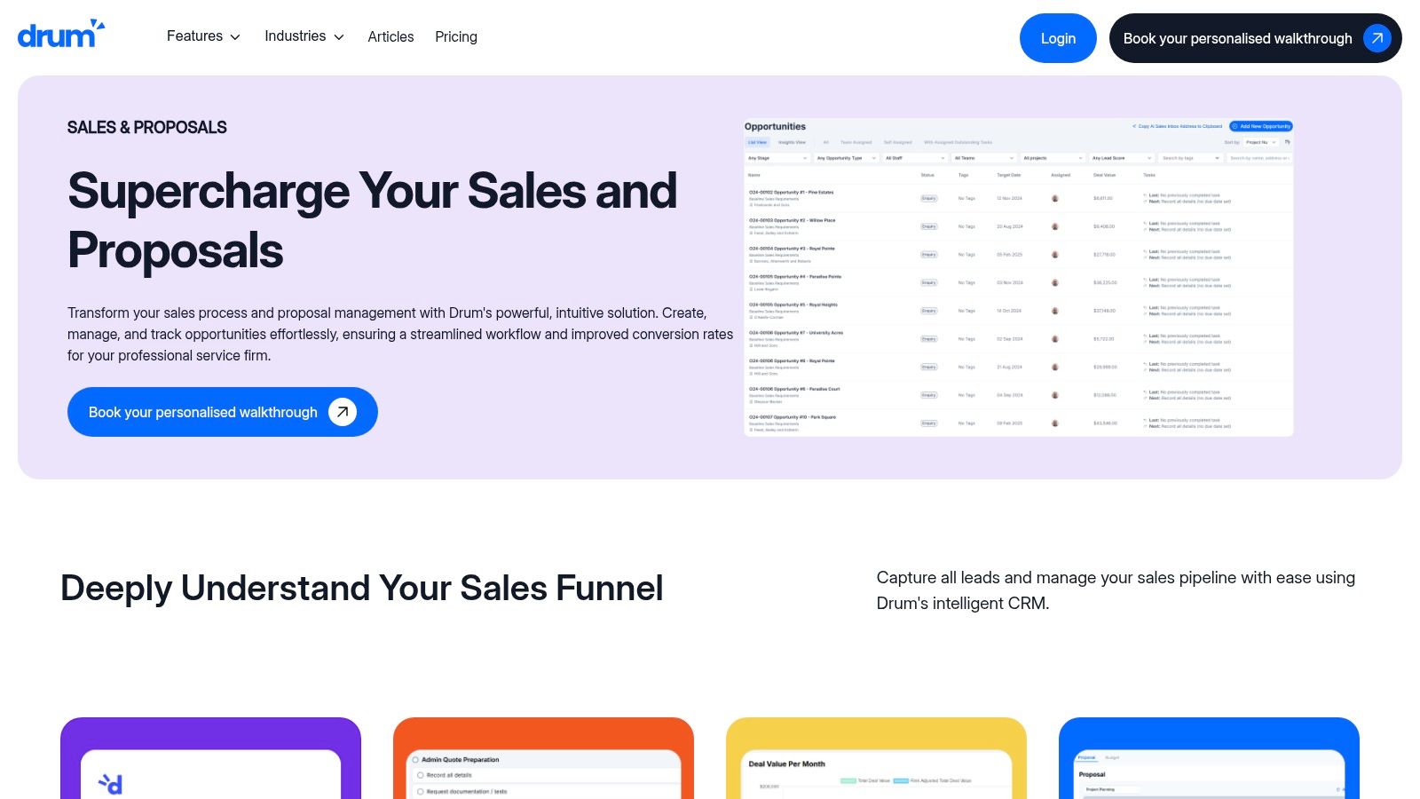Sales dashboard for generating quotations and proposals in the Drum platform.