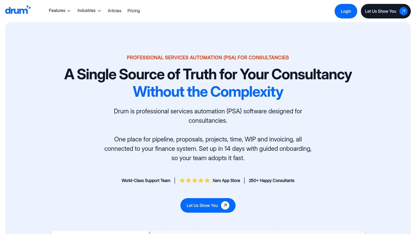 Drum PSA software interface showing project dashboard
