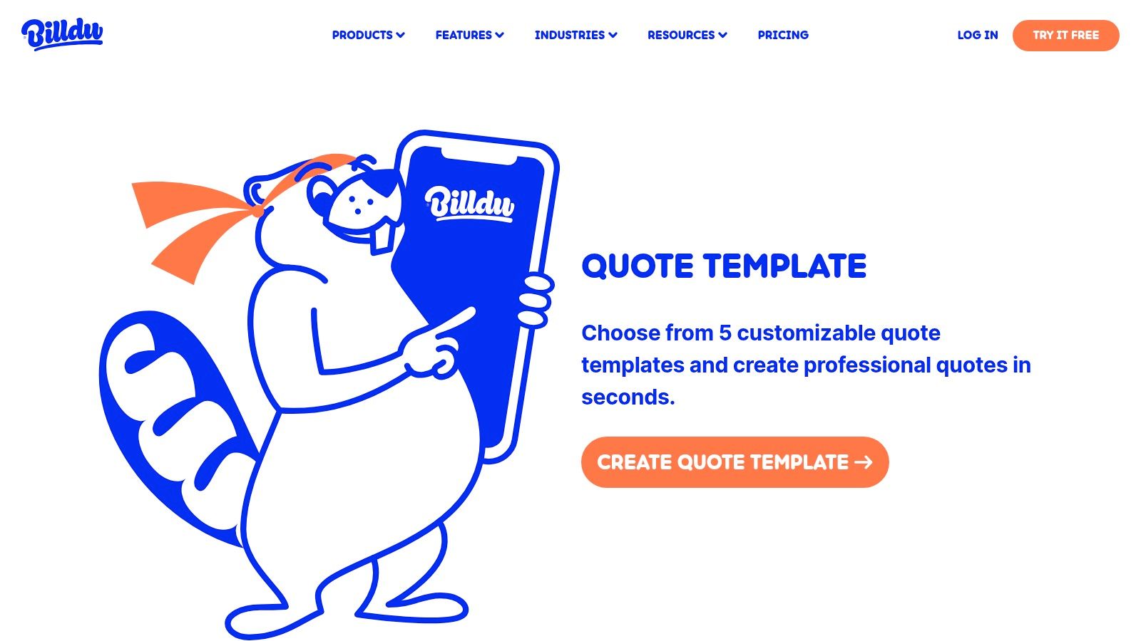 A screenshot of the Billdu quote template interface on a mobile device, showing a clean form for entering client details, item descriptions, quantities, and prices, with a clear total at the bottom.