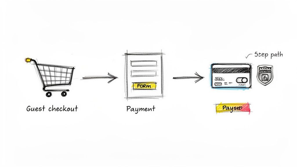 Diagram illustrating a simplified e-commerce guest checkout flow: shopping cart to payment form, ending with credit card and security.