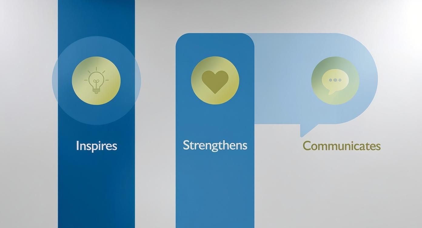 Graphic displaying three core concepts: inspires (lightbulb), strengthens (heart), and communicates (speech bubble icon).