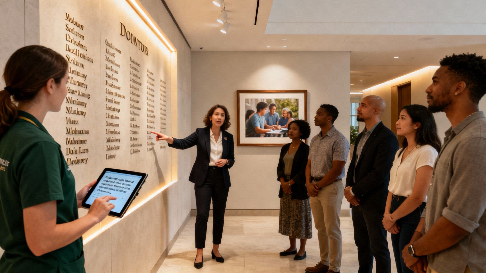 A diverse group on a guided tour observes a woman pointing at names on a donor wall.