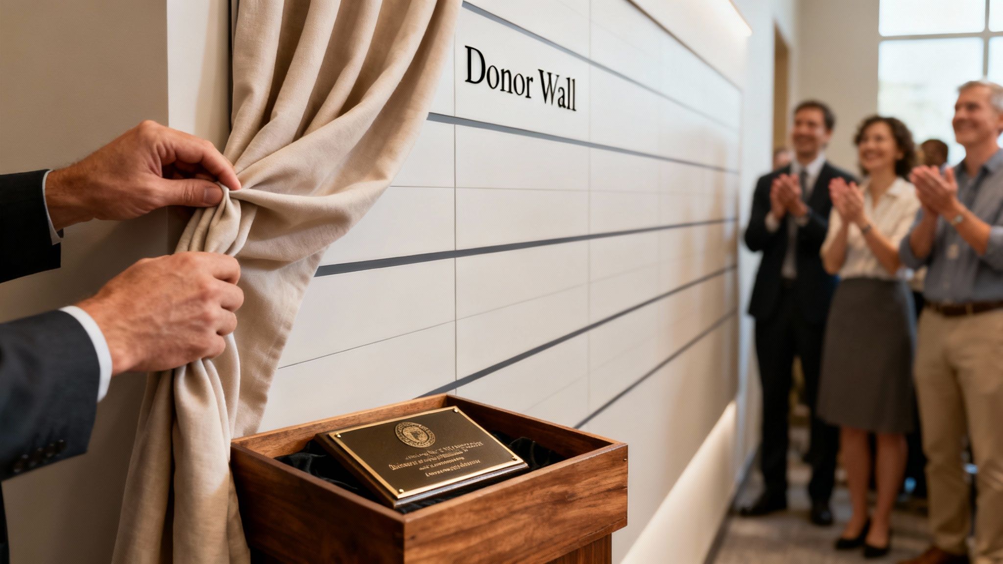 A person in a suit unveils a 'Donor Wall' covered by fabric, while people applaud.