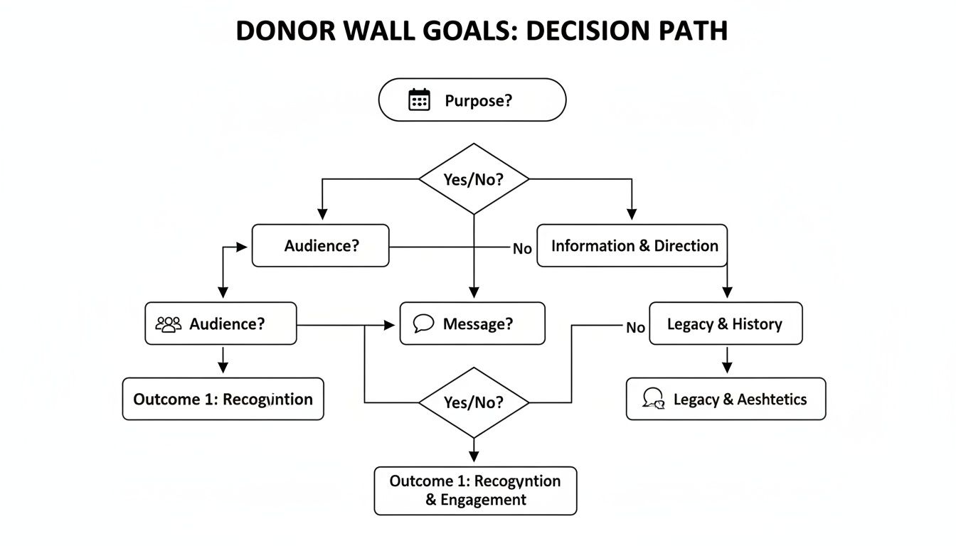 Flowchart outlining the decision path for donor wall goals, covering purpose, audience, message, and outcomes.