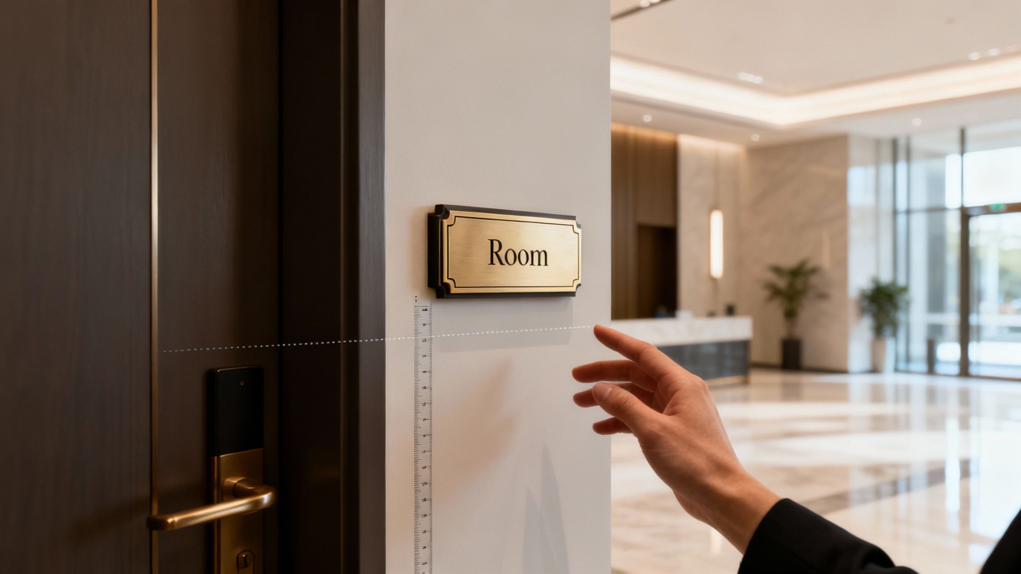 A hand measures the height of a golden 'Room' sign on a wall next to a hotel door.