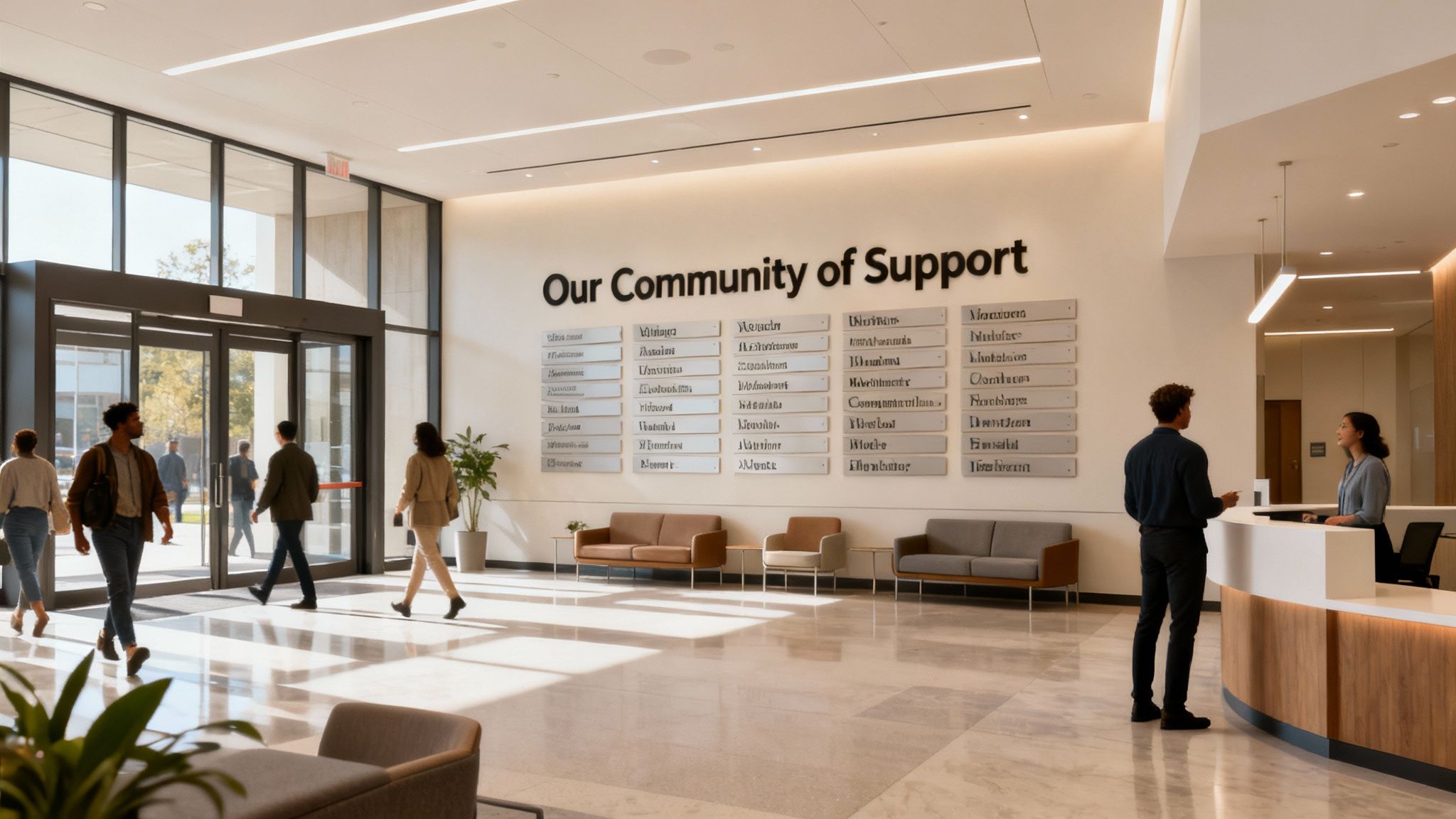 A modern, bright lobby with people walking, a reception desk, and a large donor wall.
