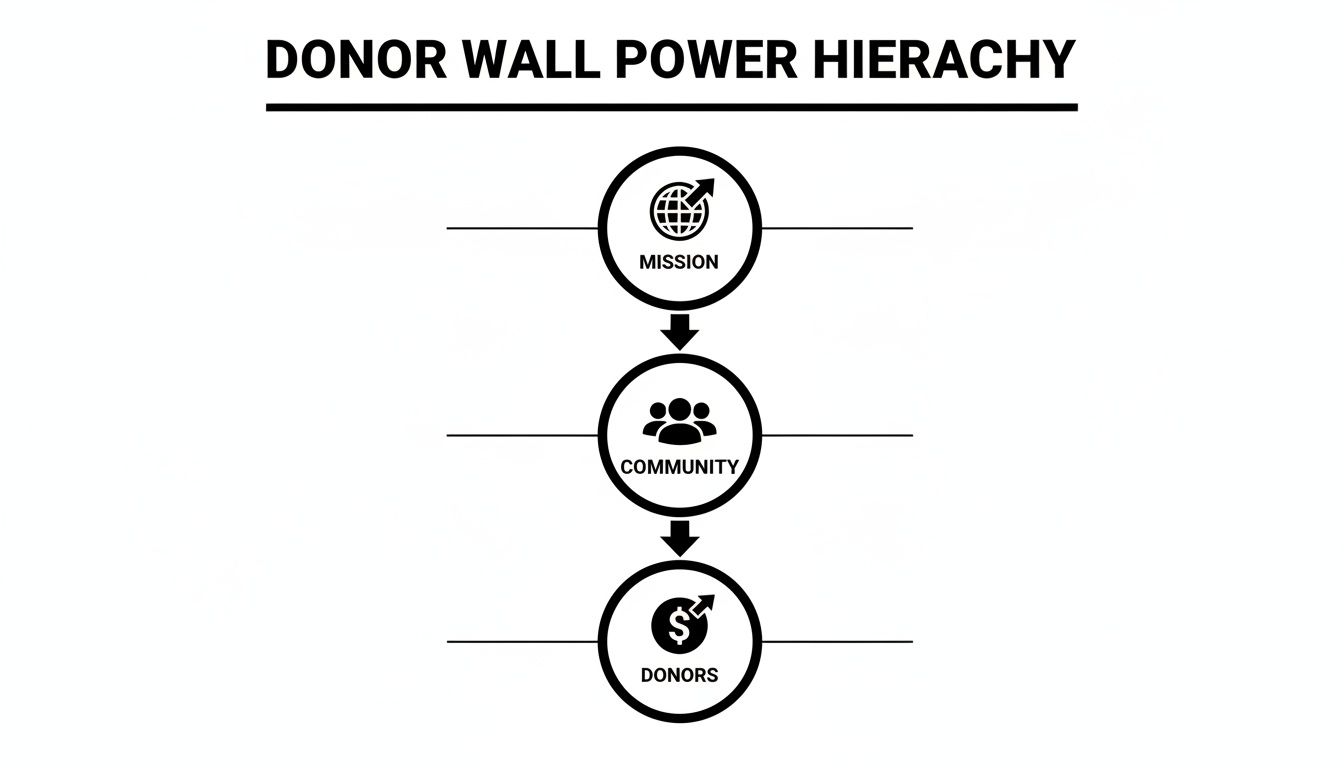 Hierarchy chart showing the Donor Wall Power with Mission, Community, and Donors levels.