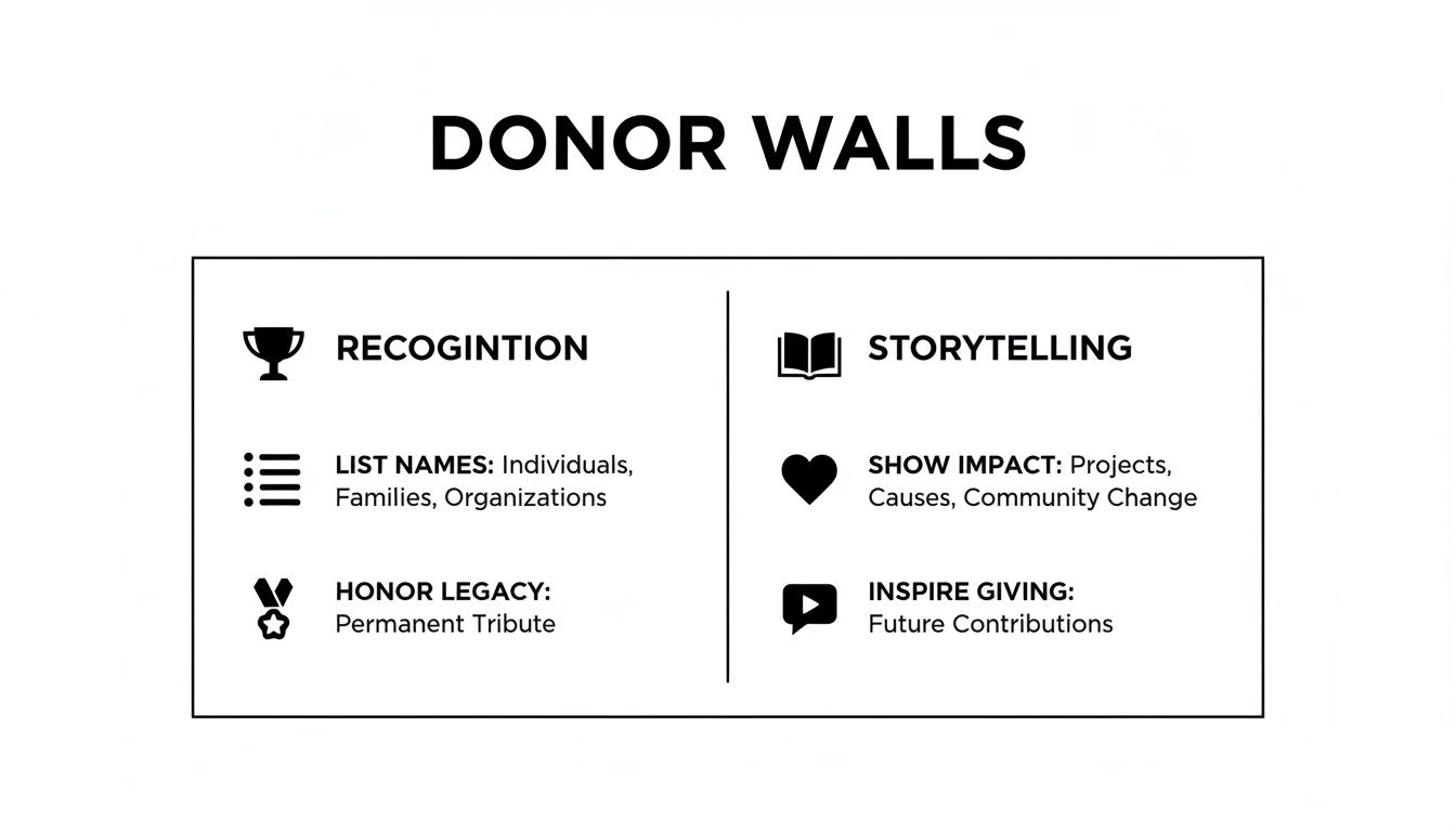Infographic detailing donor wall purposes, including recognition, listing names, honoring legacy, storytelling, showing impact, and inspiring giving.