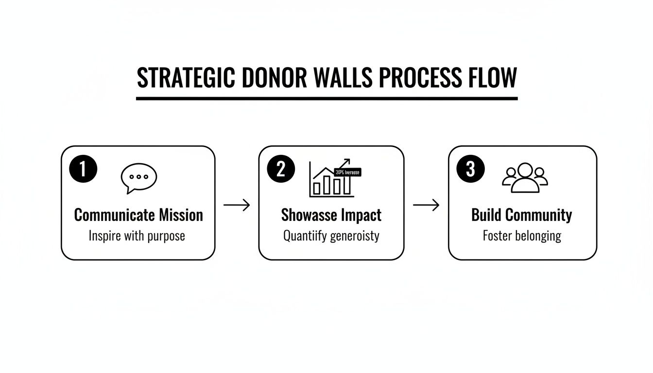 A process flow diagram illustrating three strategic steps for donor walls: communicate mission, showcase impact, and build community.