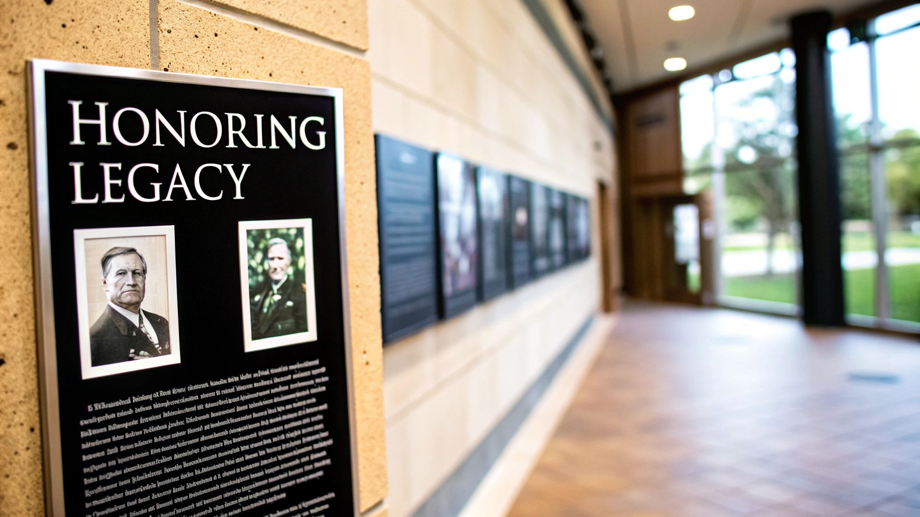 A 'Honoring Legacy' display board with two portraits and text, in a modern hallway with windows.