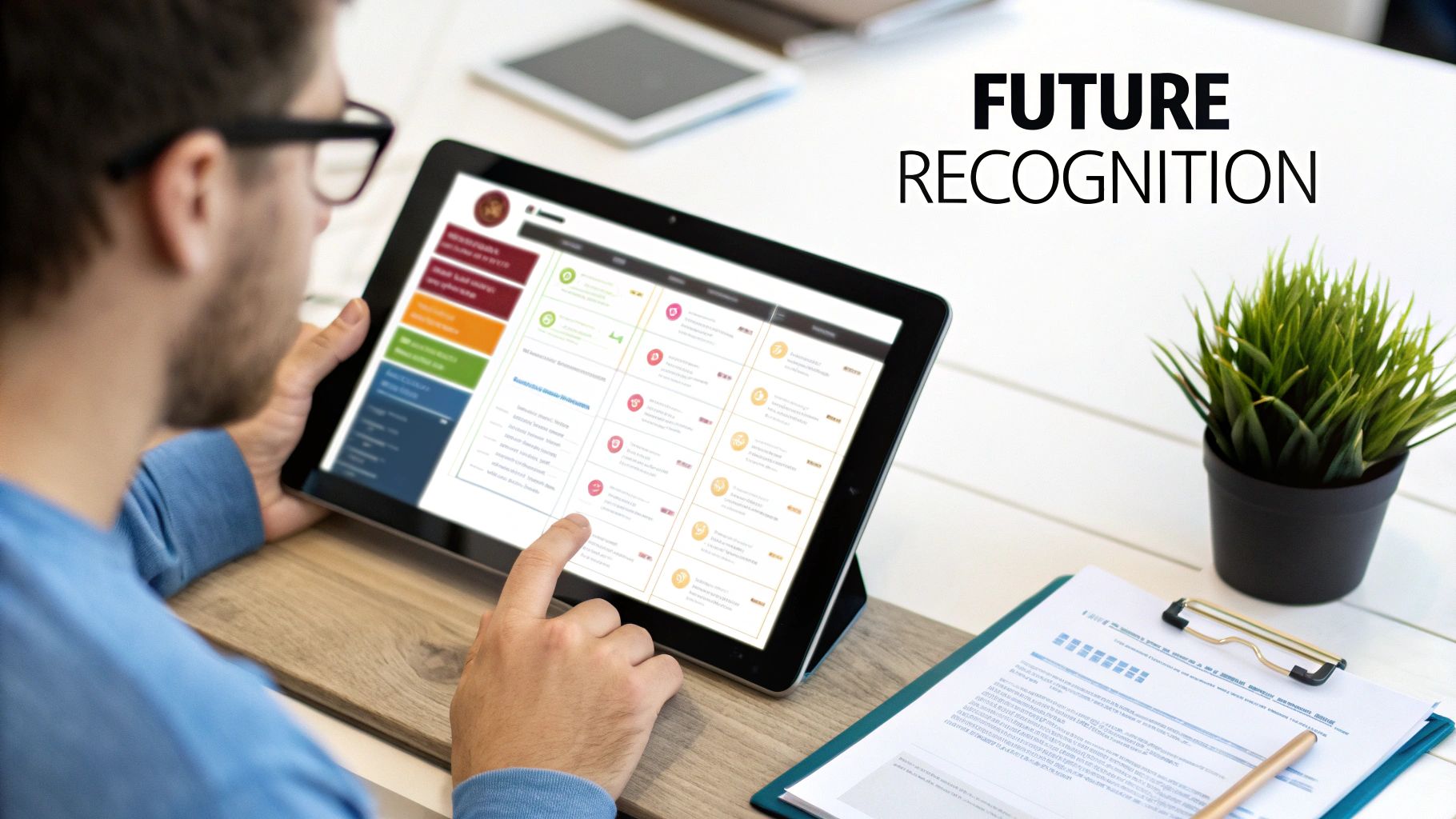 A young person uses a tablet to interact with a digital donor wall, pointing at the screen.