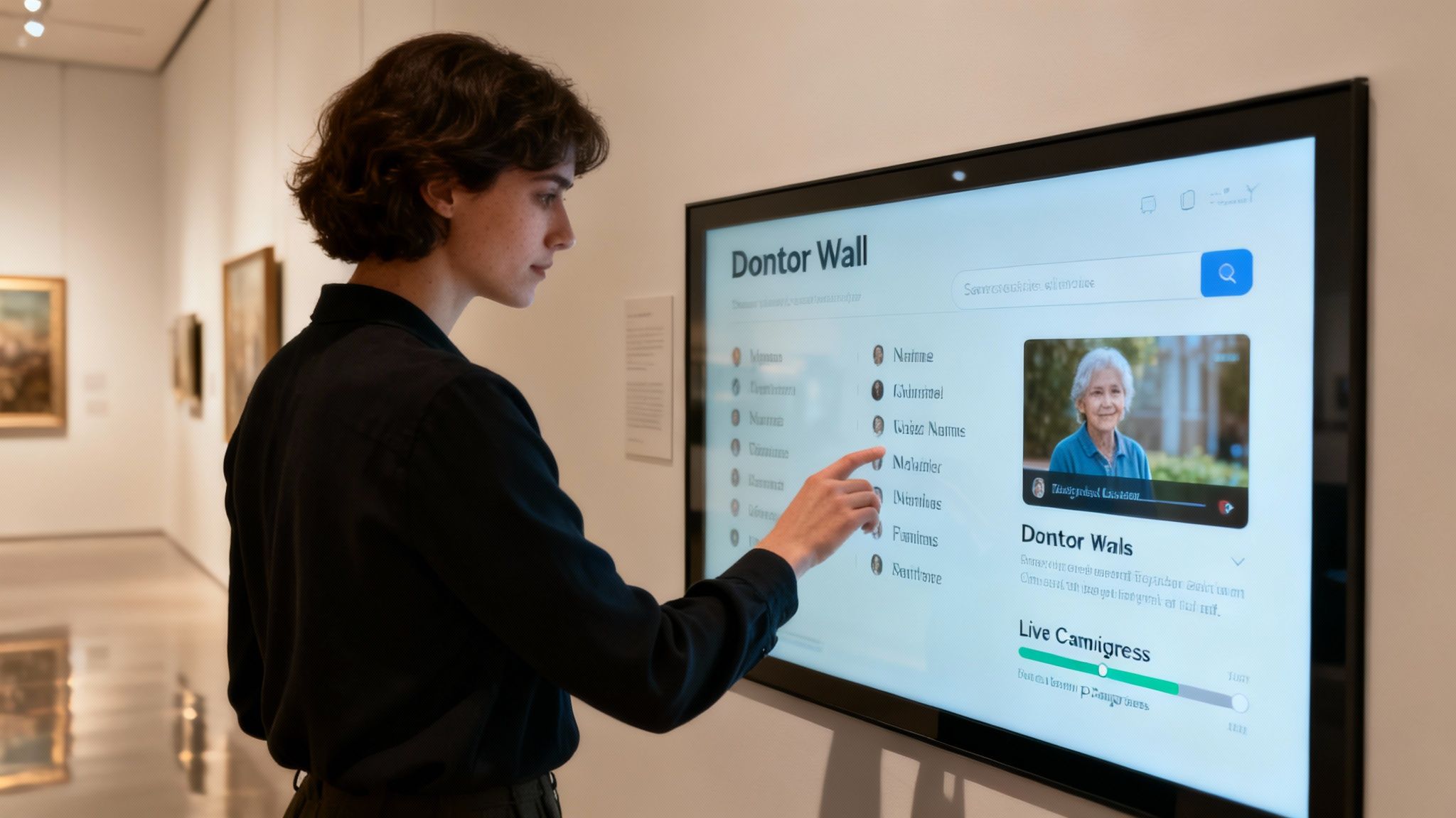 A person interacts with a digital donor wall in a museum, touching the screen to browse names and content.