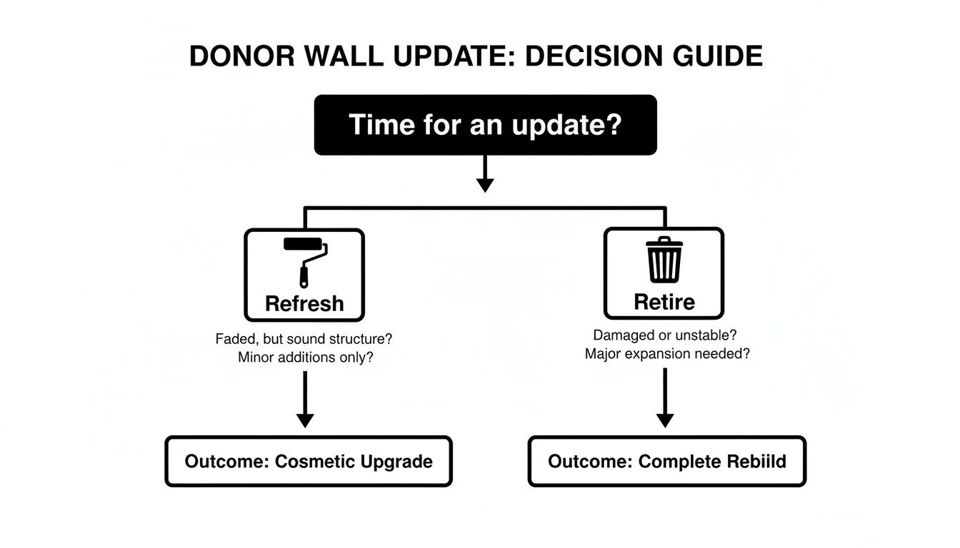 Flowchart guiding the decision to refresh or retire an existing donor wall for updates.