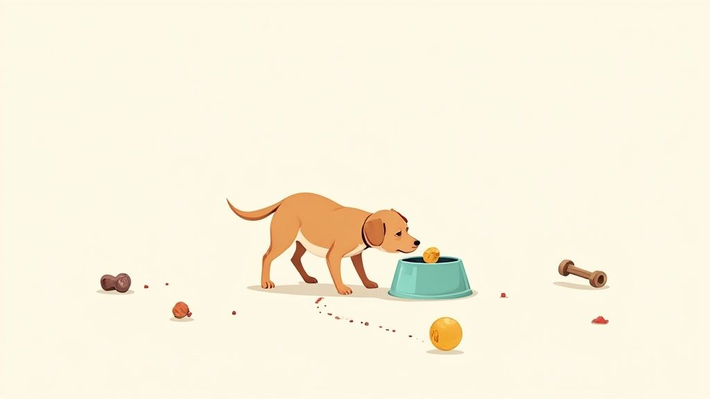 A dog joyfully playing with a colorful enrichment toy on a wooden floor.