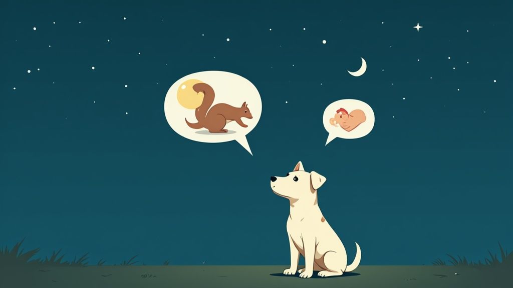 A dog looking out a window at night, appearing alert and ready to bark.