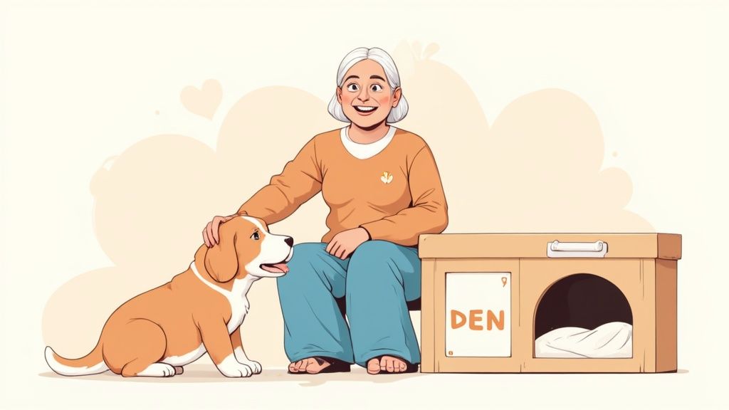 A happy older dog resting comfortably in its crate with the door open.