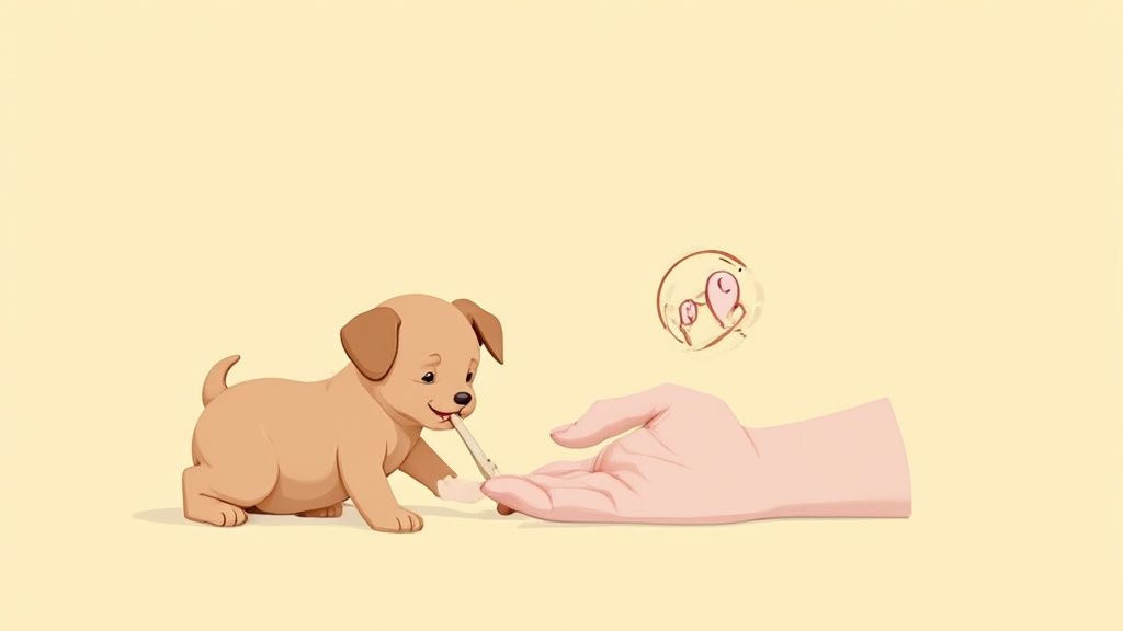 A 10-week-old puppy chewing on a person&#39;s finger gently