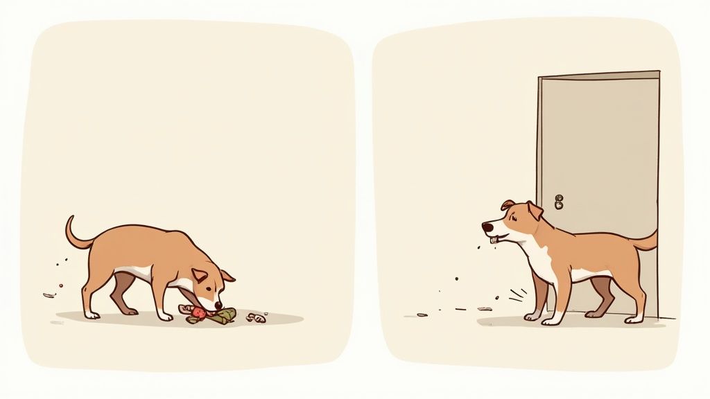 A sad-looking golden retriever lying on a wooden floor, looking up at the camera.