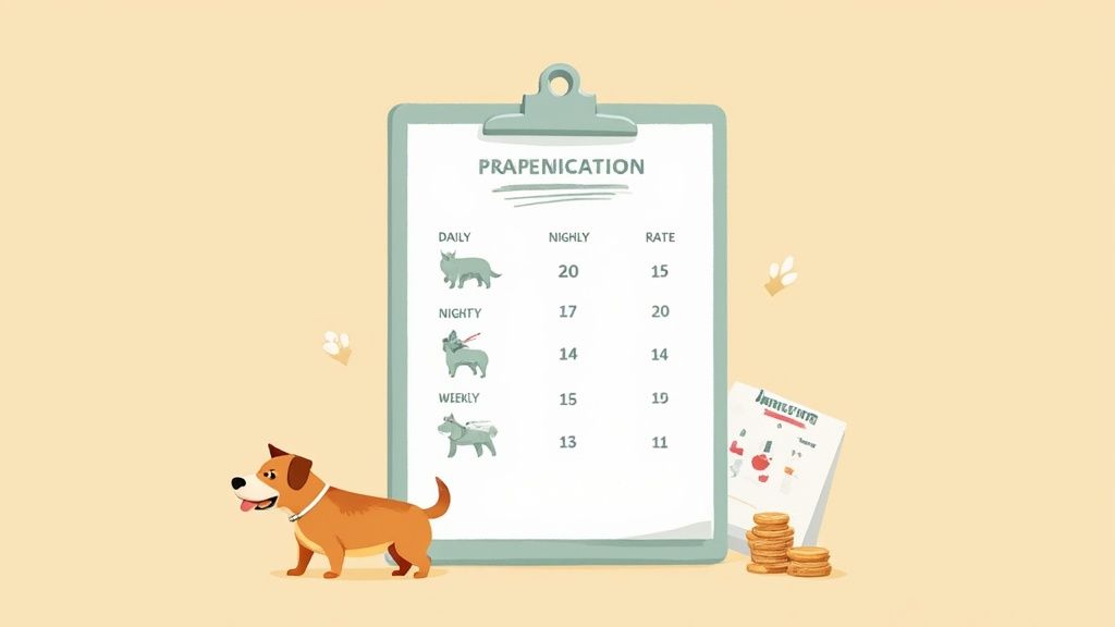 A happy dog with its tongue out, in a grassy area, looking up at the camera.