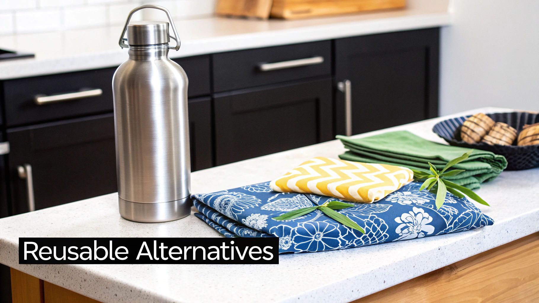 A collection of common reusable items including a stainless steel water bottle, a coffee cup, cloth produce bags, and reusable food storage containers.