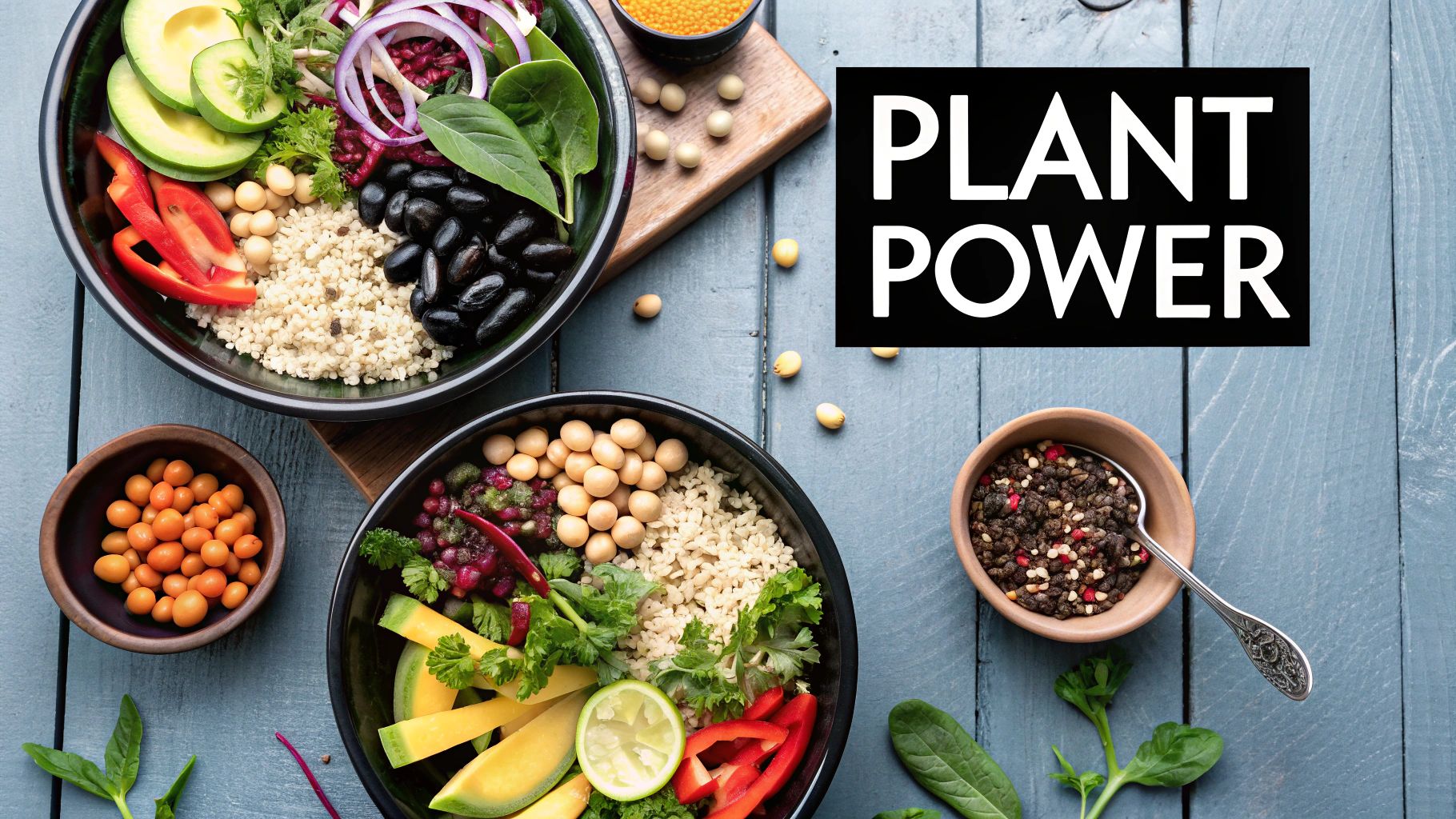 A vibrant plant-based meal in a bowl, featuring chickpeas, avocado, quinoa, and fresh vegetables.