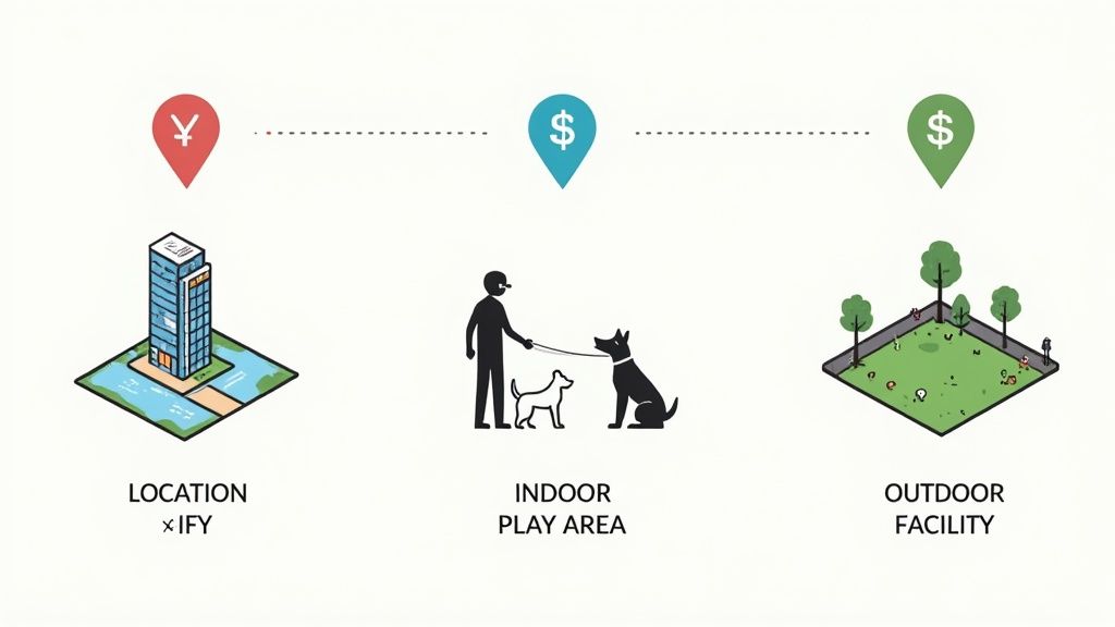 Several dogs of different breeds playing together in a bright, clean indoor daycare facility.