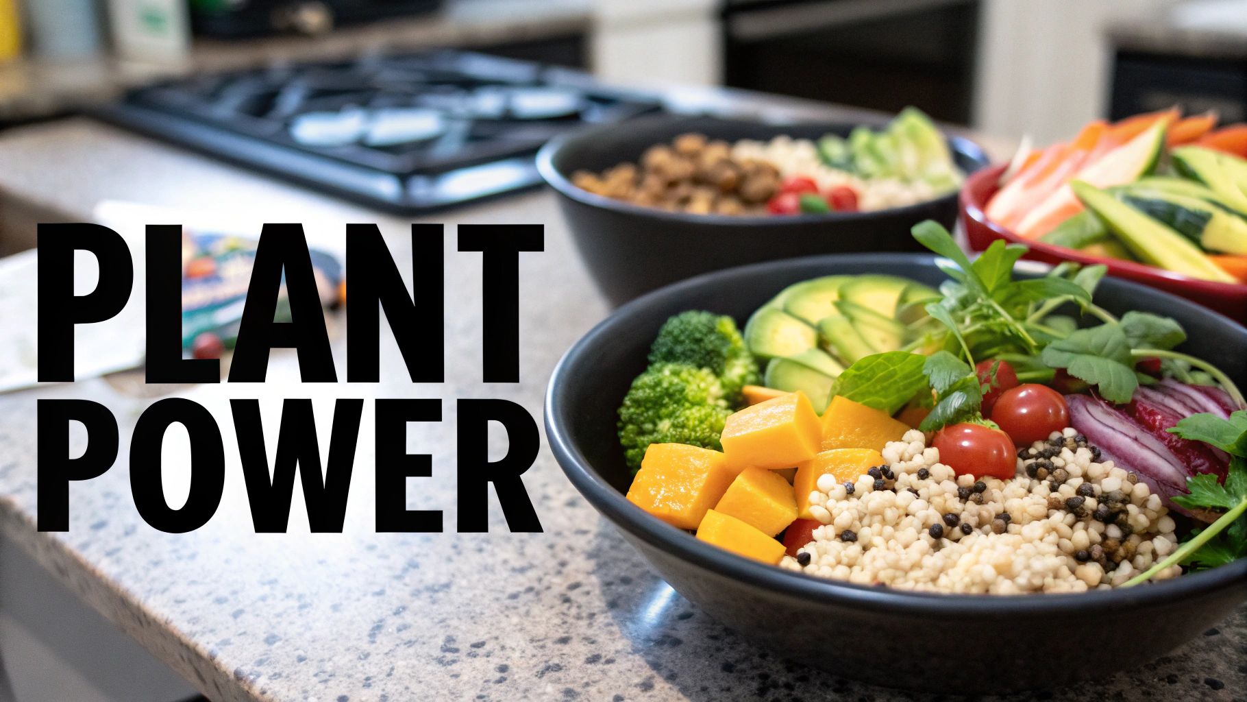 A colorful and appealing array of plant-based foods, including fresh vegetables, fruits, legumes, and grains, beautifully arranged on a wooden table.